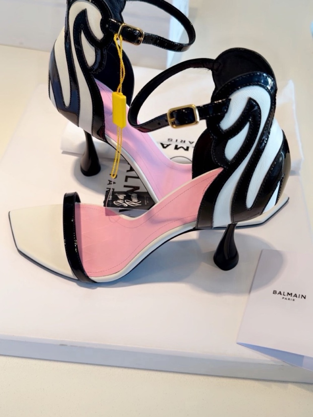 Black & White Sculpted Heel Sandals with Pink Insole - Picture 1 of 7